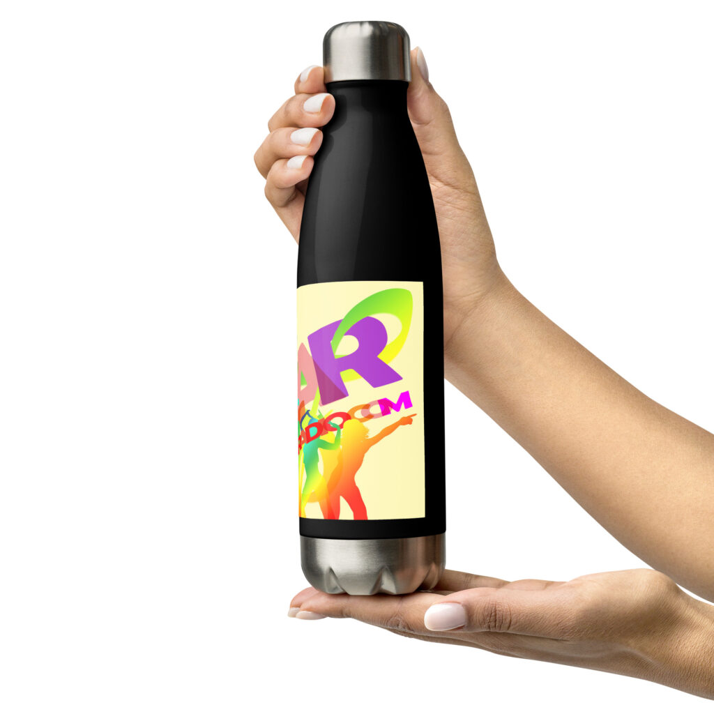 Hands holding black water bottle with colorful label